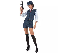 Costume de gangster anglais à carreaux bleus pour femme