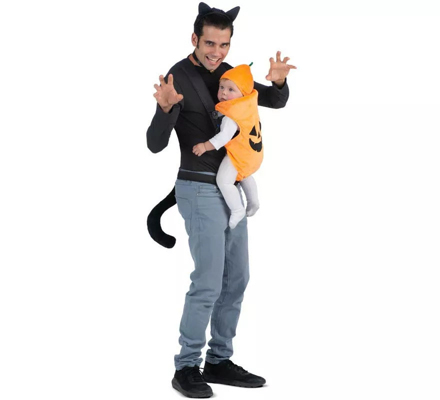 Disfraz de Gato y Calabaza con cubremochila para adulto y bebé
