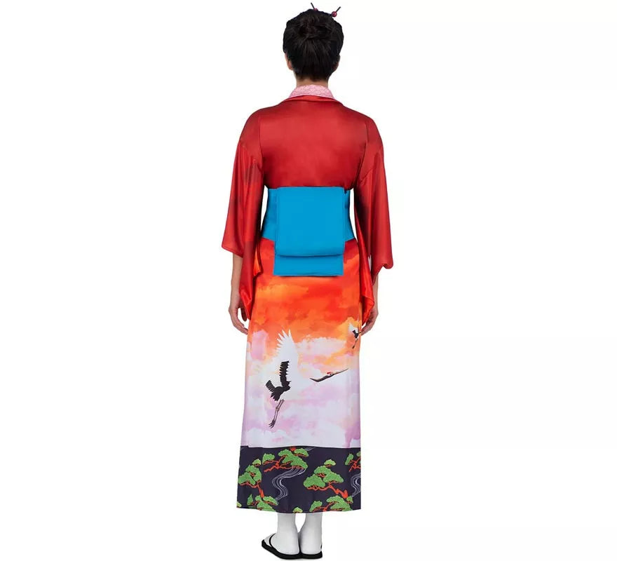 Translation missing: fr.Disfraz de Geisha rojo y rosa con cinturón para mujer