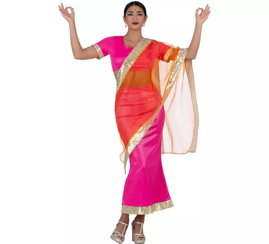 Disfraz de Hindú Elegante fucsia y naranja para mujer