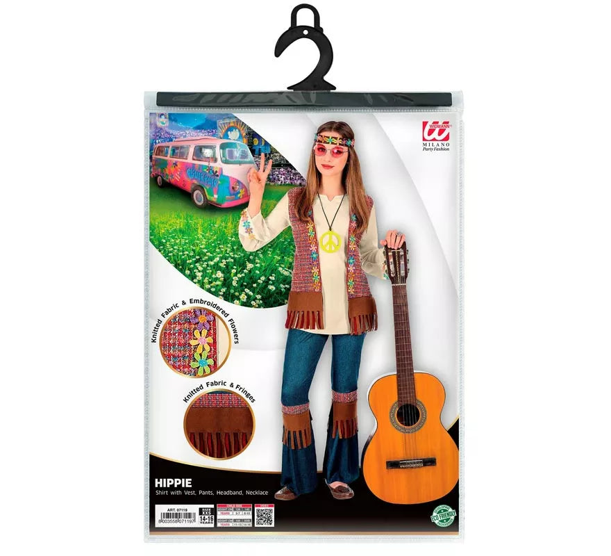 Disfraz de Hippie marrón con collar para niña y adolescente