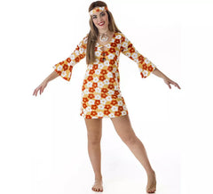 Costume hippie robe orange à fleurs pour femme
