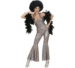 Costume de combinaison disco argentée des années 70 pour femme