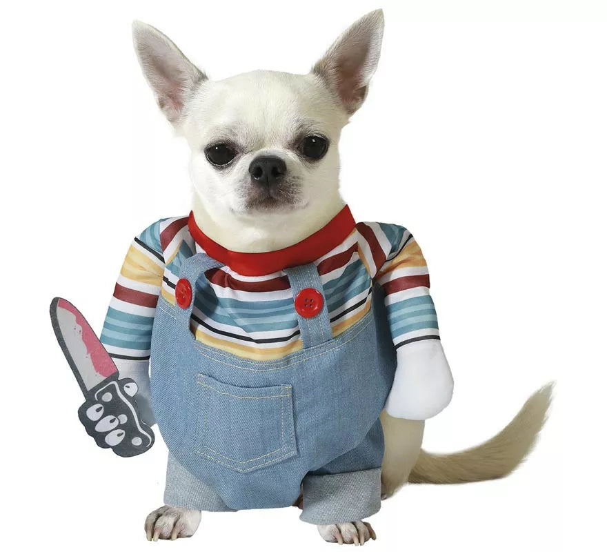 Translation missing: fr.Disfraz de Muñeco Diabólico con brazos y cuchillo para perro