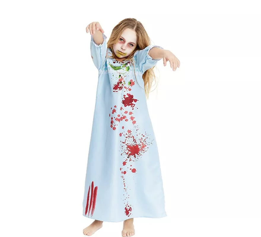Disfraz de Niña Endemoniada en bata azul para niña y adolescente