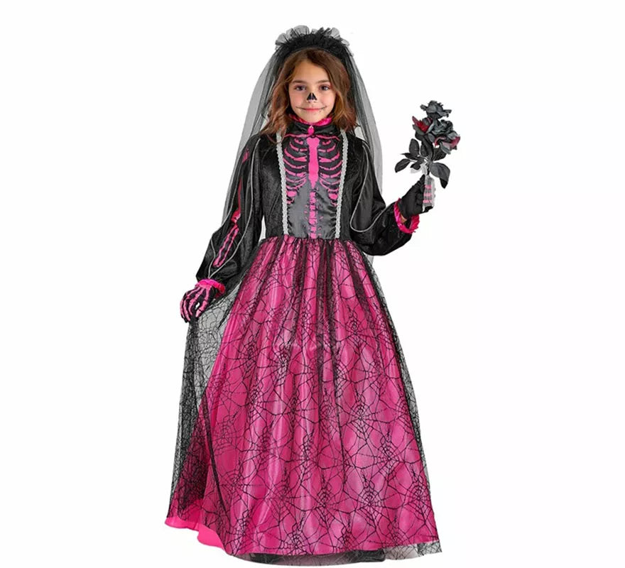 Disfraz de Novia Esqueleto fucsia para niña