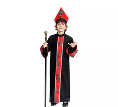 Déguisement d'évêque satanique avec étole noire et rouge pour enfant