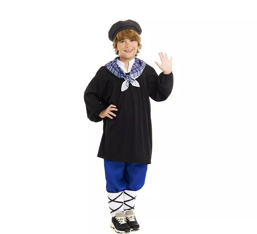 Disfraz de Olentzero negro y azul con pañuelo para niño