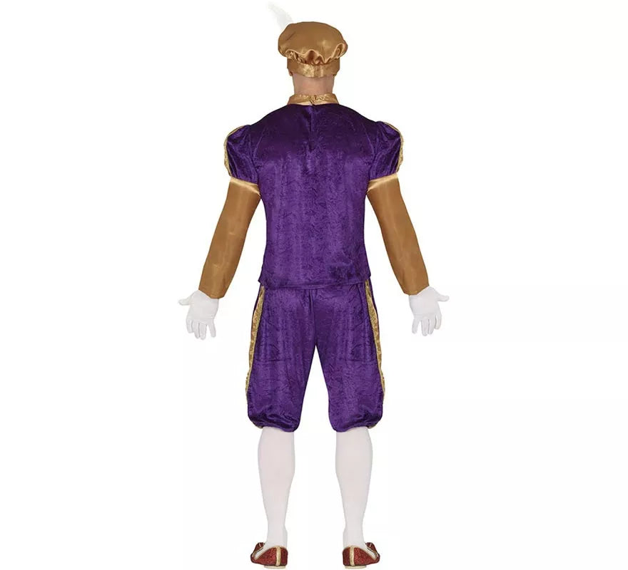 Translation missing: fr.Disfraz de Paje morado y naranja con gorro para hombre
