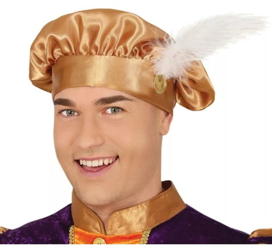 Translation missing: fr.Disfraz de Paje morado y naranja con gorro para hombre