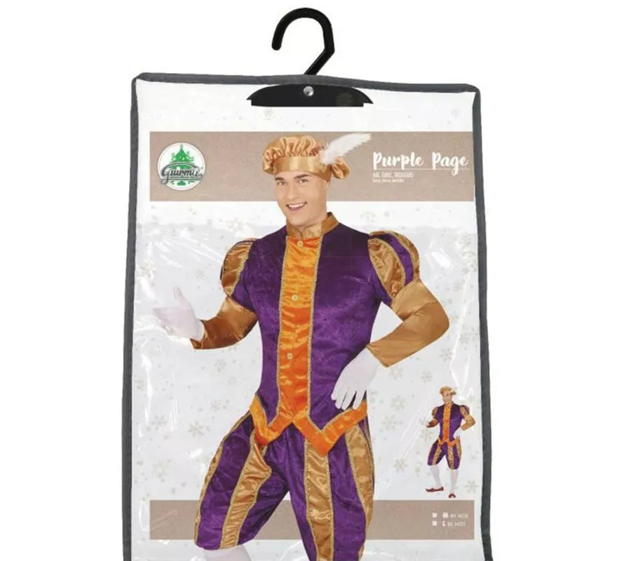 Translation missing: fr.Disfraz de Paje morado y naranja con gorro para hombre