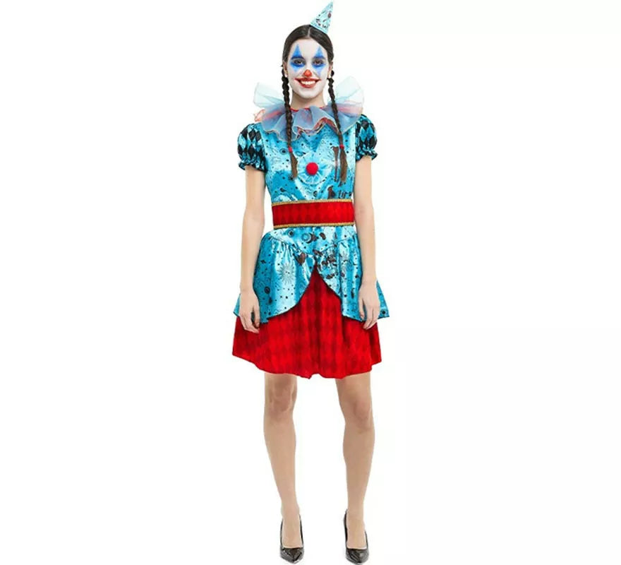 Disfraz de Payasa Maniaca azul y rojo para mujer