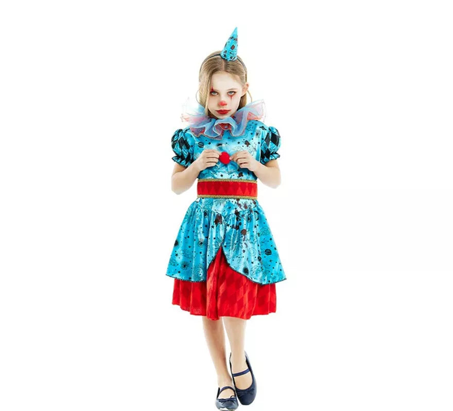 Disfraz de Payasa Maniaca azul y rojo para niña y adolescente