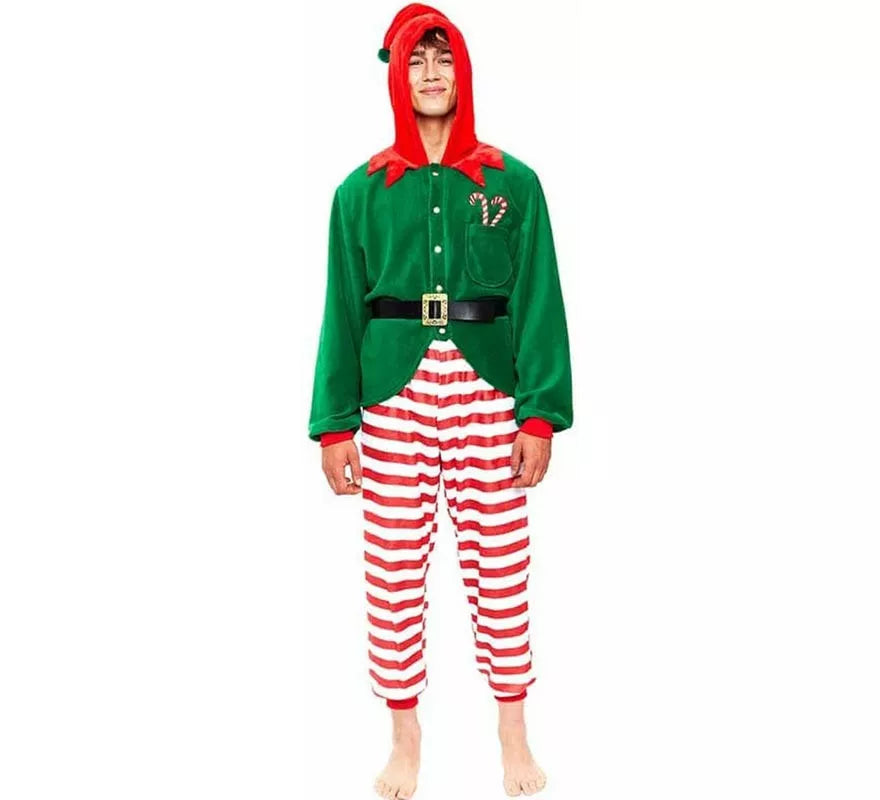 Translation missing: fr.Disfraz de Pijama Elfo a rayas rojo para hombre