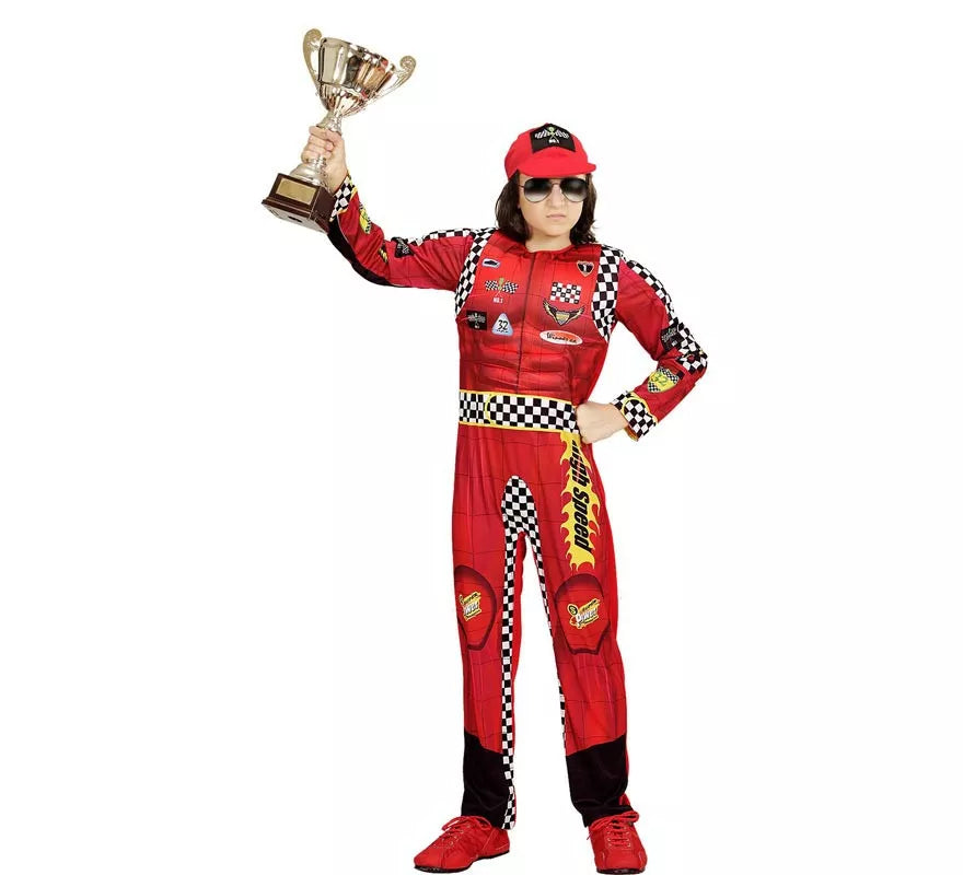 Translation missing: fr.Disfraz de Piloto de Formula 1 rojo a cuadros con gorro para niño