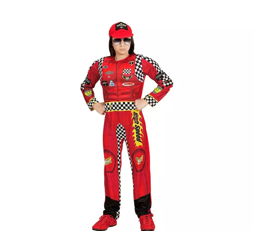 Translation missing: fr.Disfraz de Piloto de Formula 1 rojo a cuadros con gorro para niño
