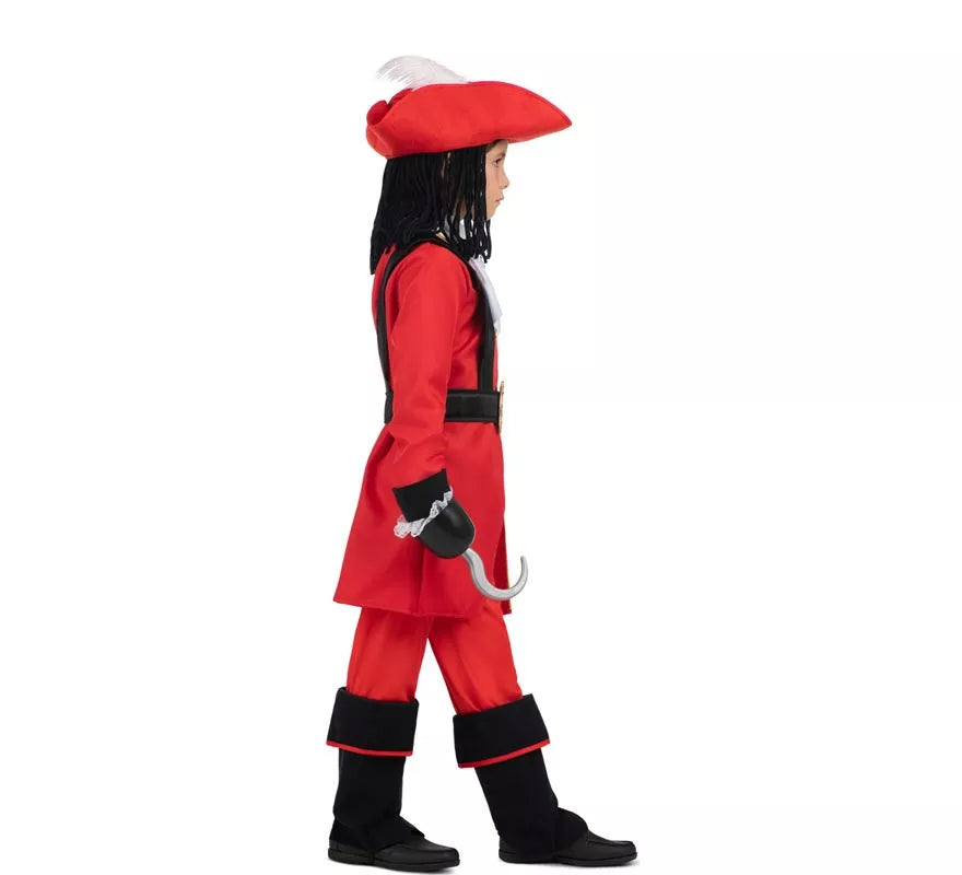 Disfraz de Pirata Garfio rojo con sombrero y peluca para niño