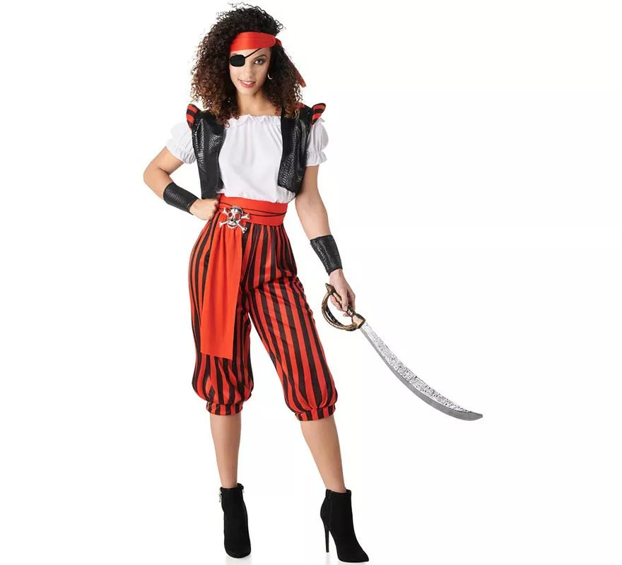 Disfraz de Pirata rojo a rayas para mujer