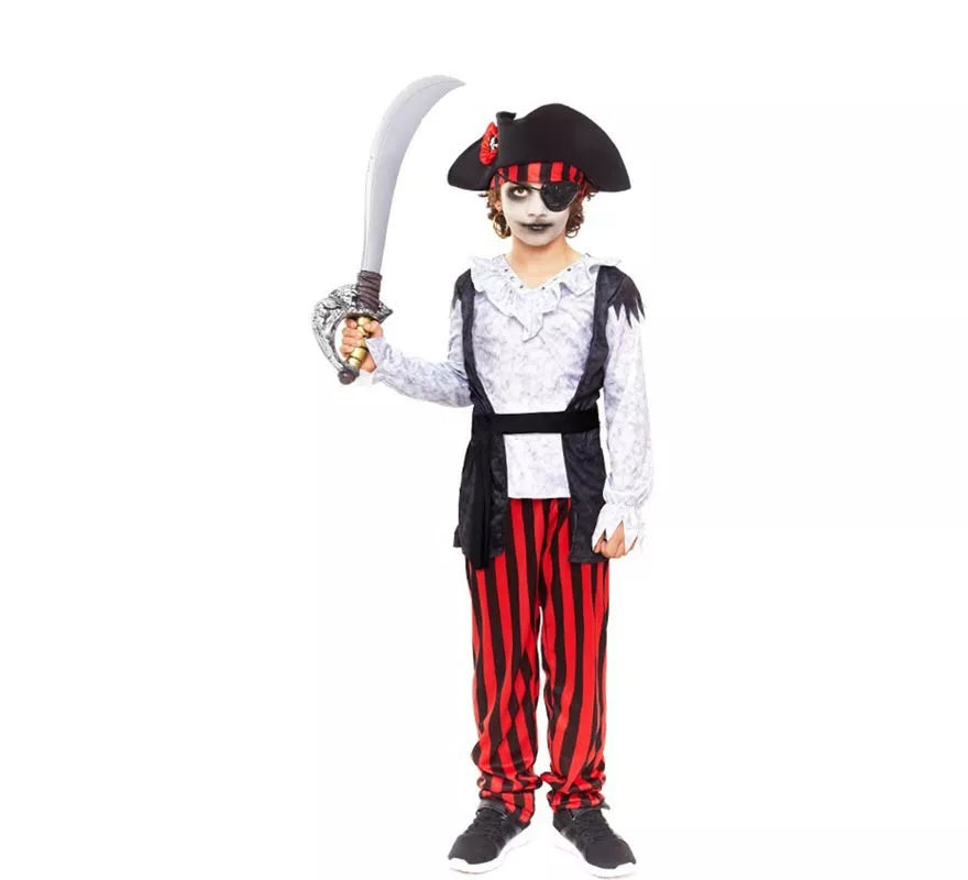 Translation missing: fr.Disfraz de Pirata Zombie blanco a rayas para niño
