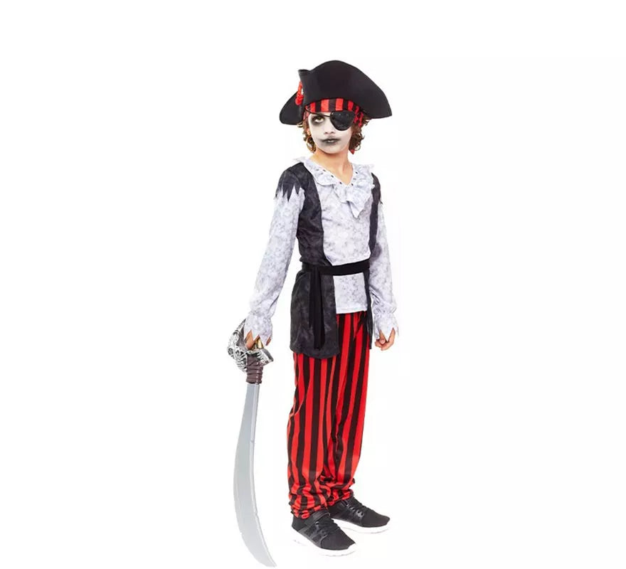 Translation missing: fr.Disfraz de Pirata Zombie blanco a rayas para niño