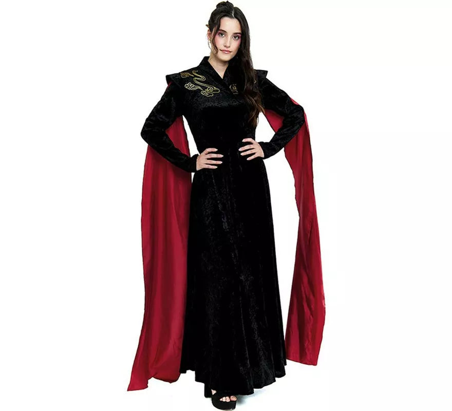 Translation missing: fr.Disfraz de Reina Dragón negro con mangas rojas para mujer