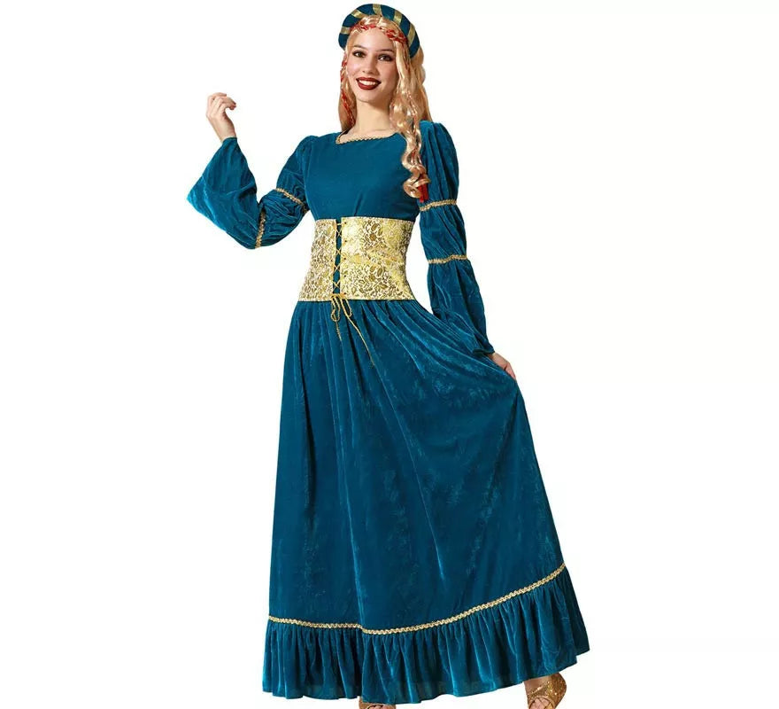 Translation missing: fr.Disfraz de Reina Medieval azul y dorado con tocado para mujer