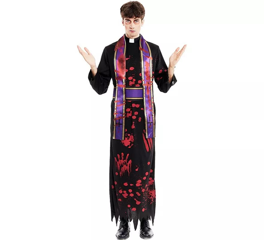 Translation missing: fr.Disfraz de Sacerdote Sangriento negro con estola para hombre