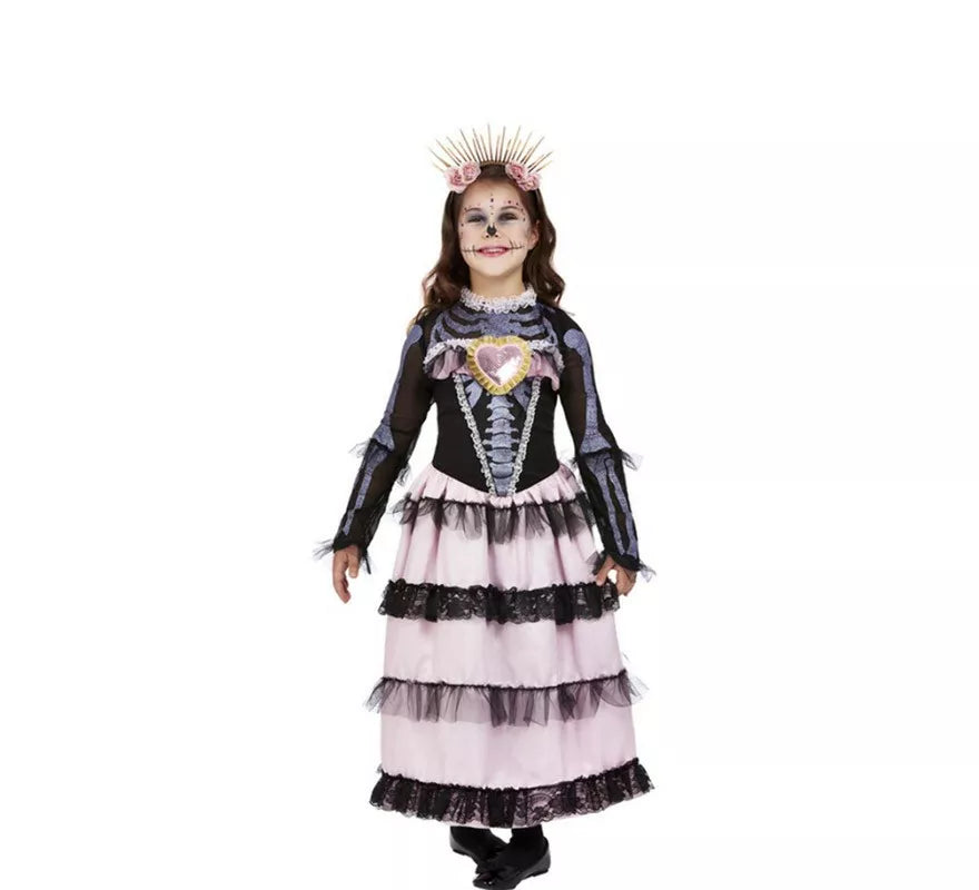 Translation missing: fr.Disfraz de Señorita del Día de Muertos negro y rosa para niña