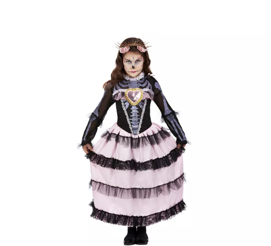 Translation missing: fr.Disfraz de Señorita del Día de Muertos negro y rosa para niña
