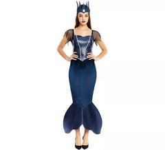 Costume de sirène maléfique bleue avec couronne pour femme
