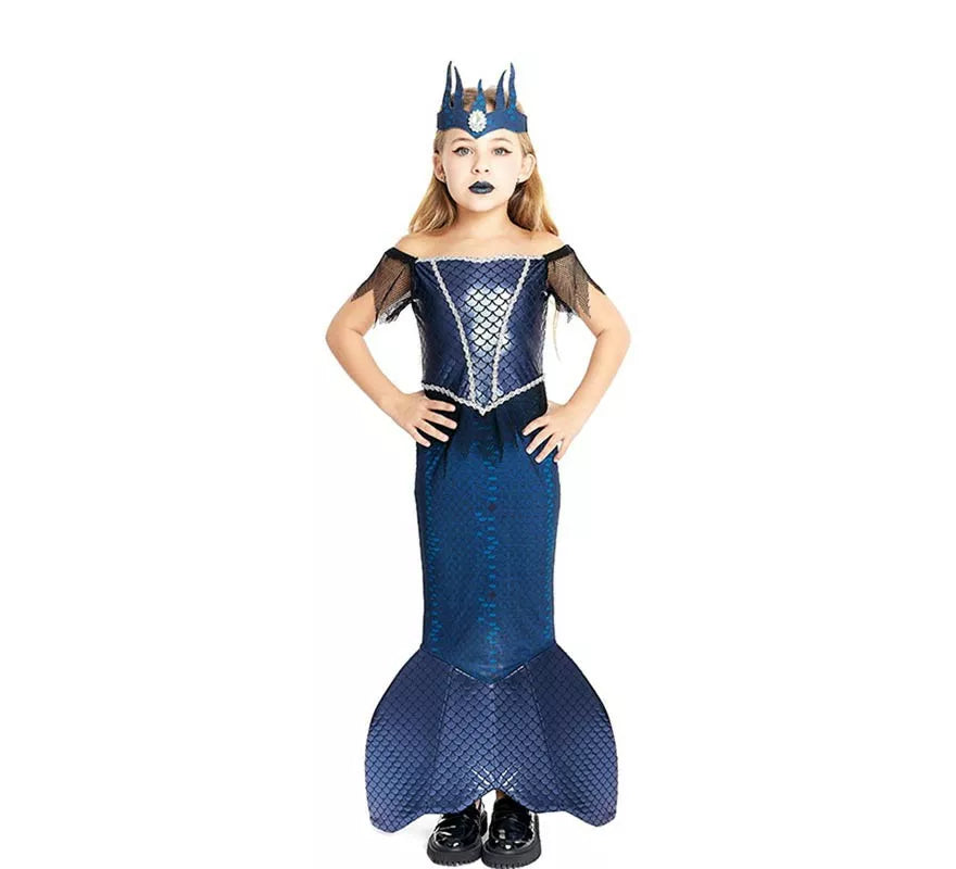 Translation missing: fr.Disfraz de Sirena Malvada azul con corona para niña y adolescente