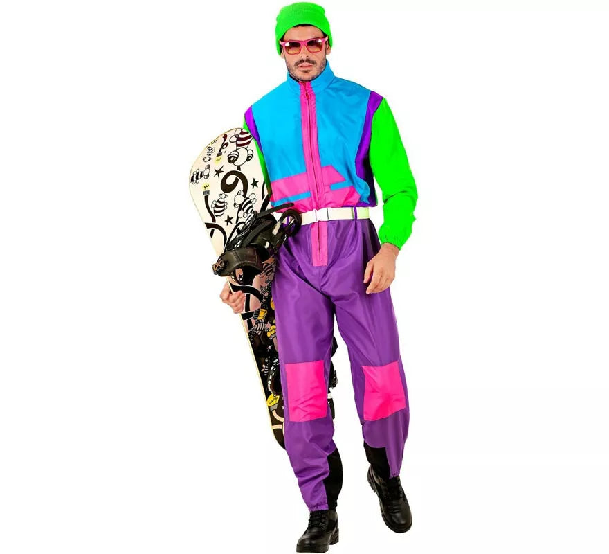 Translation missing: fr.Disfraz de Snowboarder lila y verde fluorescente para adulto