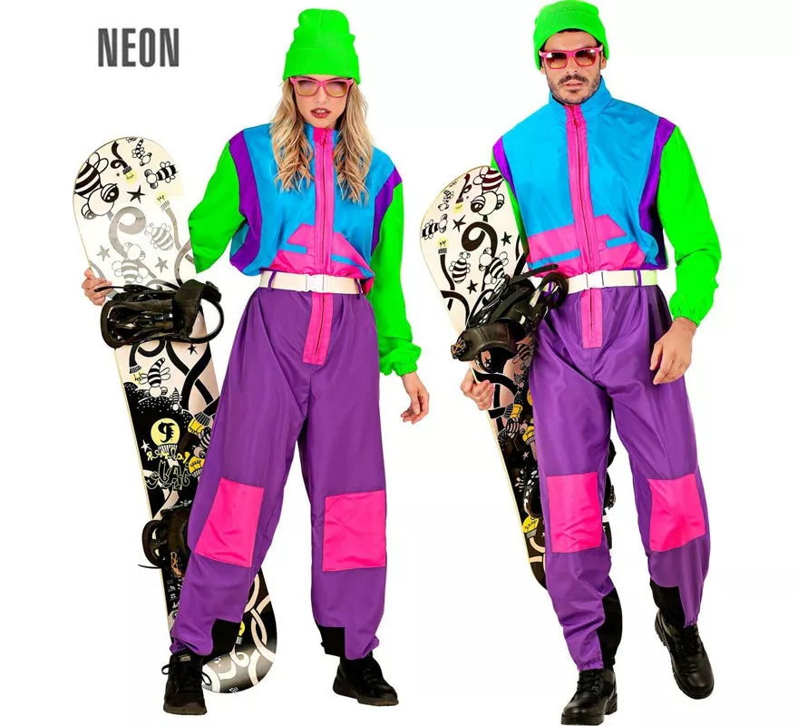 Translation missing: fr.Disfraz de Snowboarder lila y verde fluorescente para adulto