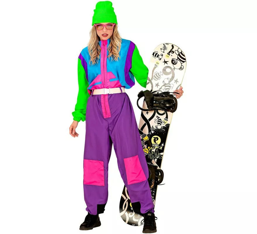 Translation missing: fr.Disfraz de Snowboarder lila y verde fluorescente para adulto