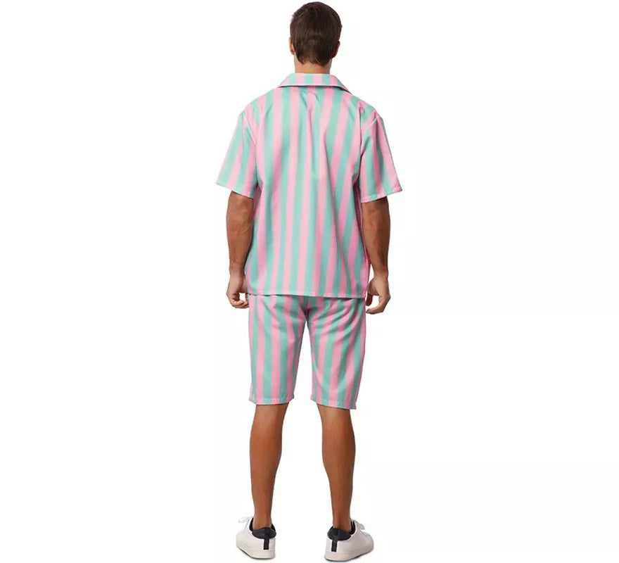 Translation missing: fr.Disfraz de Surfista rosa y azul a rayas para hombre