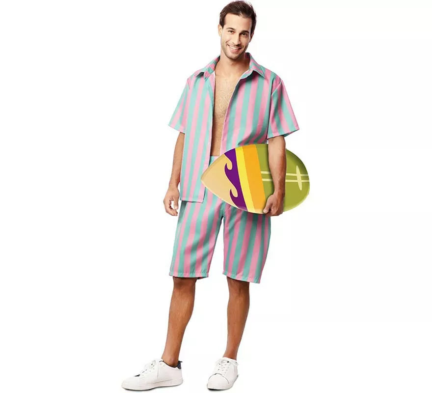 Translation missing: fr.Disfraz de Surfista rosa y azul a rayas para hombre