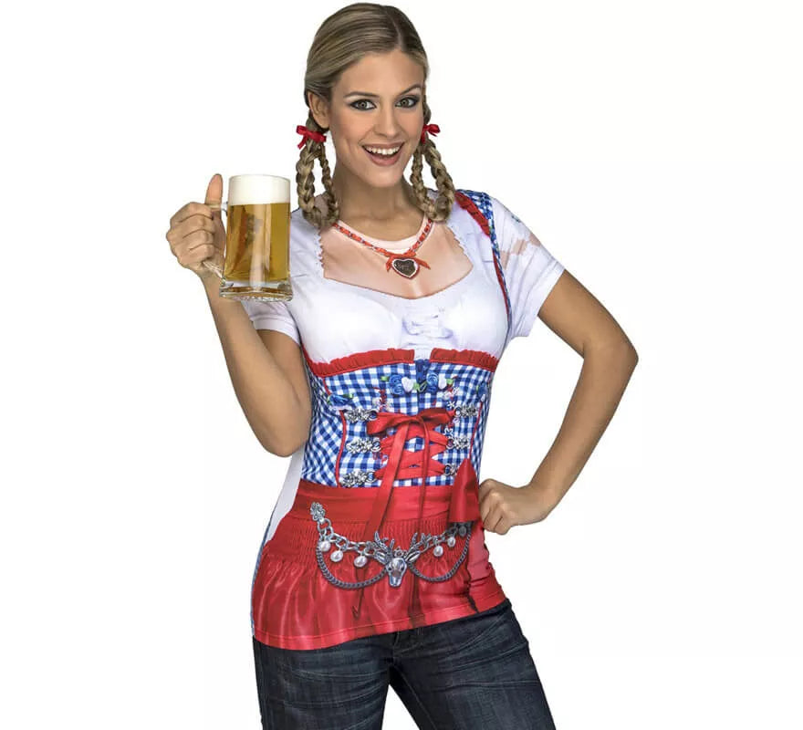 Camiseta disfraz de Bávara roja y azul para mujer