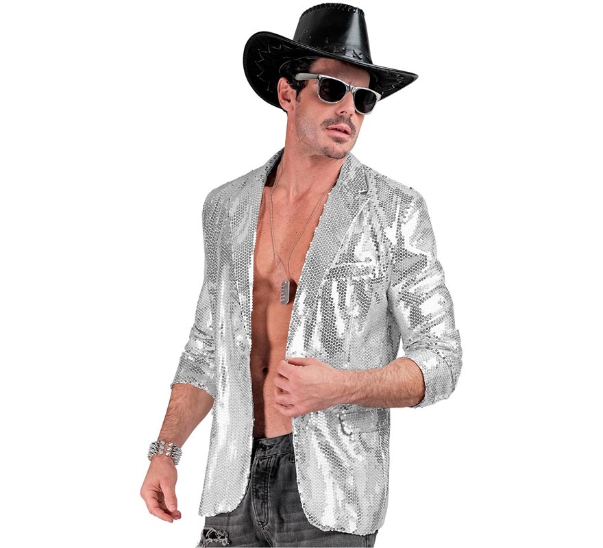 Chaqueta de Moda Disco plateada con lentejuelas para hombre