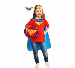 Costume ou kit Wonder Femme pour filles : Tiare, Cape, Bouclier et T-shirt