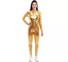 Costume ou combinaison métallisé doré fermeture devant pour femme