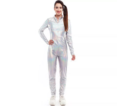 Costume ou combinaison métallique à fermeture holographique sur le devant pour femme