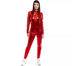 Costume ou combinaison métallique rouge à fermeture frontale pour femme