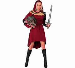 Costume ou robe médiévale rouge à capuche pour femme