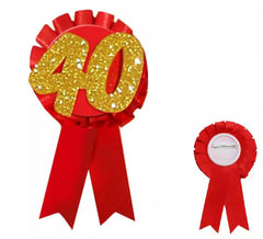 Cocarde Rouge 40 ème Anniversaire avec Paillettes Dorées 15 cm diamètre