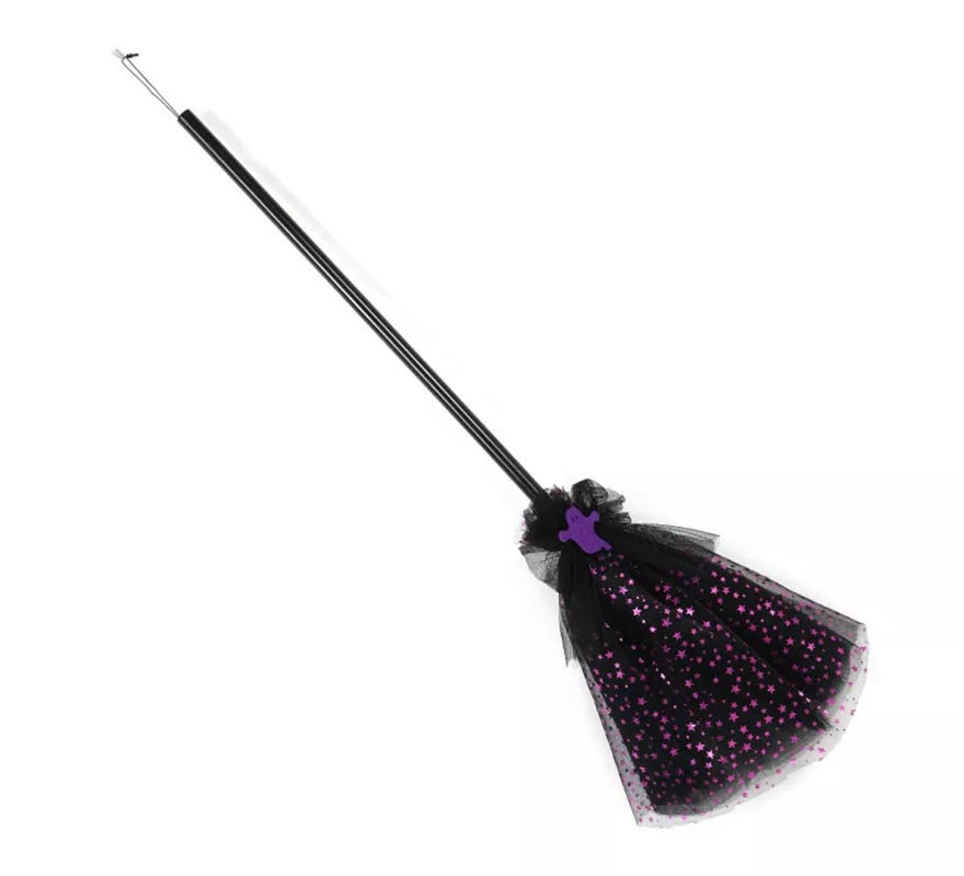 Escoba de Bruja morada con tul de 90 cm