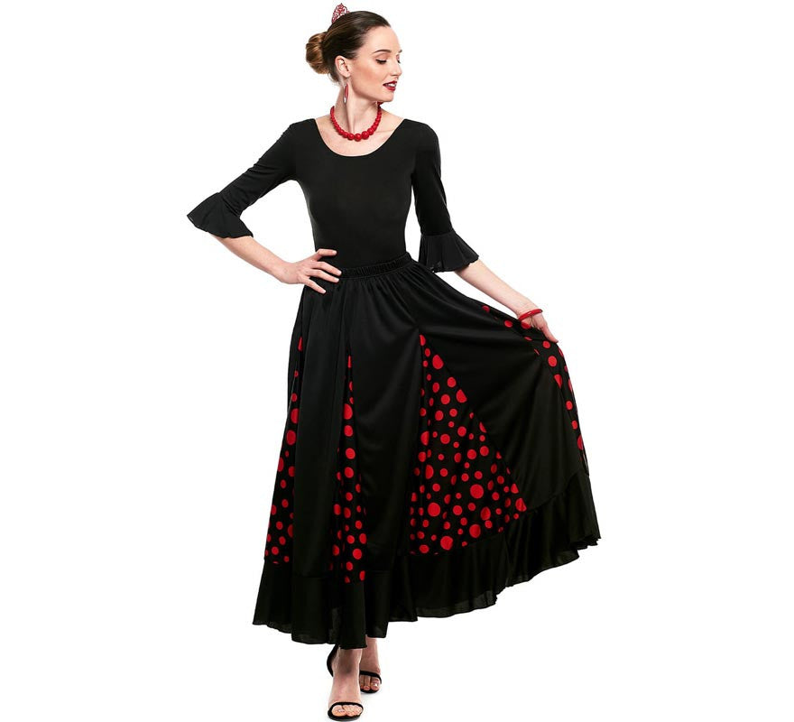 Translation missing: fr.Falda Sevillana de Quillas negro con Lunar rojo para mujer