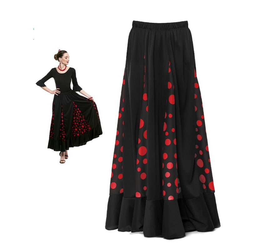 Translation missing: fr.Falda Sevillana de Quillas negro con Lunar rojo para mujer