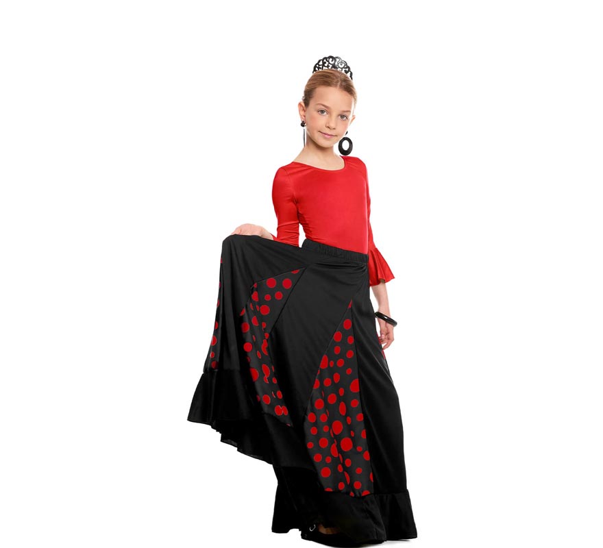 Translation missing: fr.Falda Sevillana de Quillas negro con Lunar rojo para niña