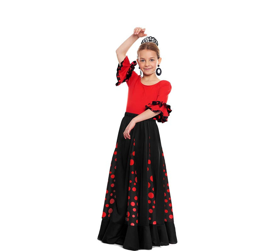 Translation missing: fr.Falda Sevillana de Quillas negro con Lunar rojo para niña