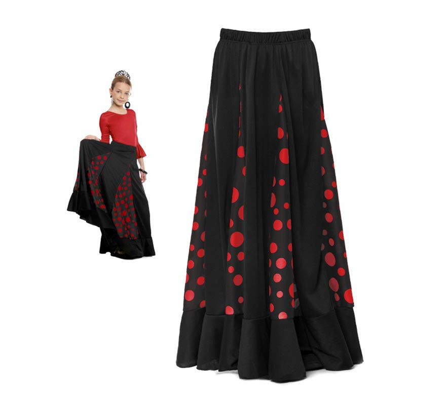 Translation missing: fr.Falda Sevillana de Quillas negro con Lunar rojo para niña
